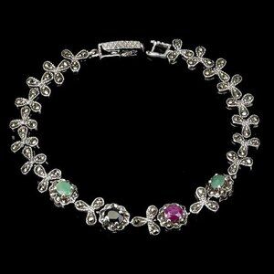 Natural Ruby 5x4mm, Emerald,‎ Sapphire, Marcasite 925 Sterling Silver Bracelet
